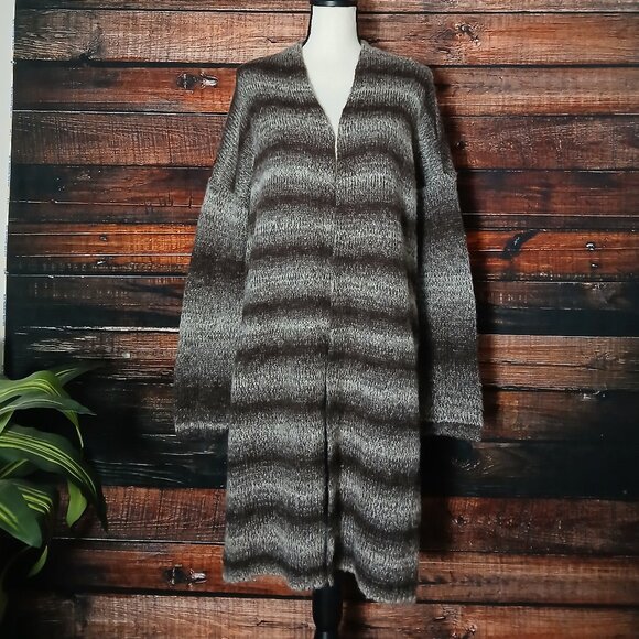 Sonoma Duster Cardigan Sweater L Open Front Long Brown Ombre Striped - Picture 2 of 9